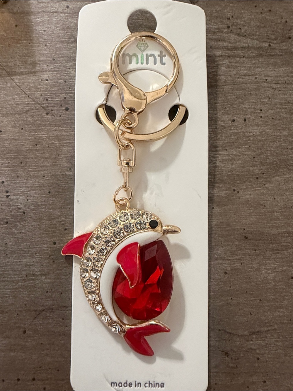 Mint Gold-Tone Dolphin Keychain with Red Crystal - Picture 1 of 3